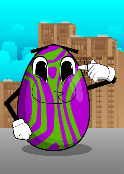 Easter Egg mostra un gesto da pazzo girando il dito intorno alla tempia. Personaggio dei cartoni animati con volto divertente per le vacanze di Pasqua. - Vettoriali, immagini