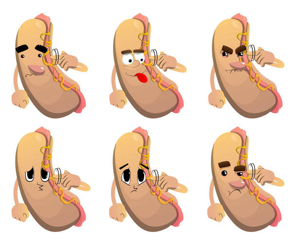 Hot Dog muestra un gesto de que estás loco al torcer su dedo alrededor de su sien. Comida rápida americana como un personaje de dibujos animados con cara. - Vector, imagen