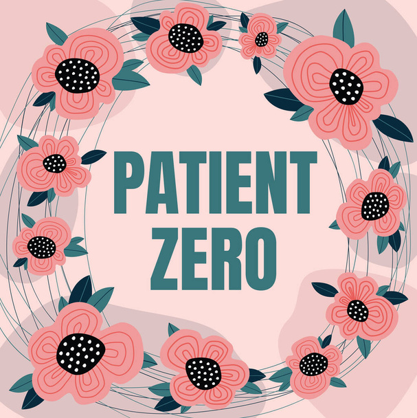 Hand writing sign Patient Zero. Internet Concept primary disease carrier of the highlycontagious disease Text Frame Surrounded With Assorted Flowers Hearts And Leaves. - Foto, imagen