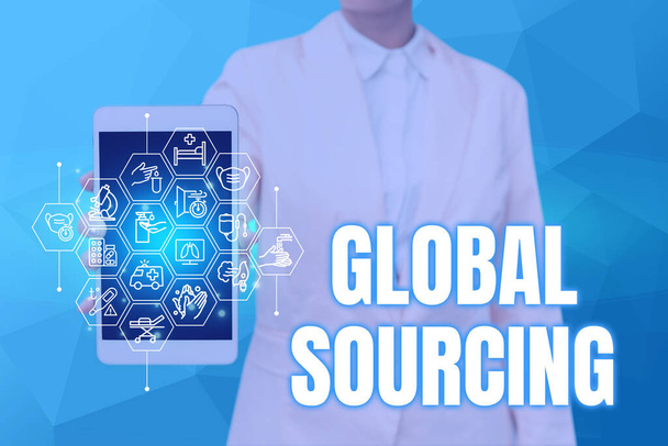 Conceptual display Global Sourcing. Conceptual photo practice of sourcing from the global market for goods Lady Pressing Screen Of Mobile Phone Showing The Futuristic Technology - Photo, Image
