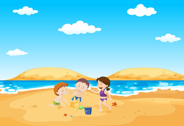 Escena de playa tropical con ilustración de personas - Vector, imagen