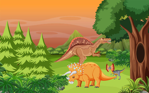 Scena naturalistica con alberi sulle montagne con illustrazione di dinosauri - Vettoriali, immagini