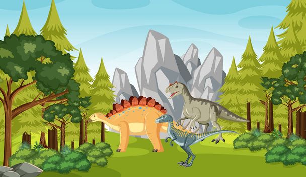 Escena natural con árboles en las montañas con ilustración de dinosaurios - Vector, imagen