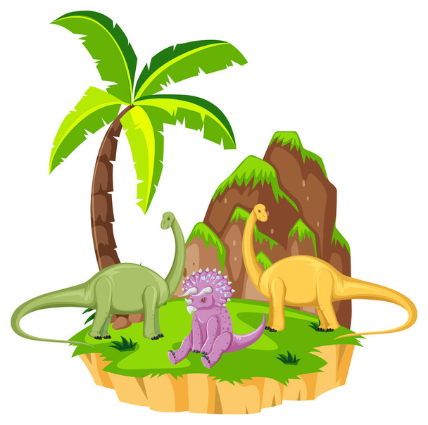 Σκηνή με δεινόσαυρους βροντόσαυρους και triceratops στην απεικόνιση του νησιού - Διάνυσμα, εικόνα