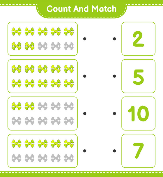 Tel en match, tel het aantal dumbbell en match met de juiste nummers. Educatieve kinderen spel, Werkblad afdrukken, vectorillustratie - Vector, afbeelding