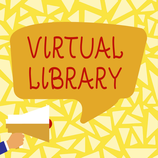 Text zeigt Inspiration Virtuelle Bibliothek. Geschäftsidee Virtuelle Bibliothek Lautes Megaphon macht neue wunderbare Ankündigung für die Öffentlichkeit - Foto, Bild