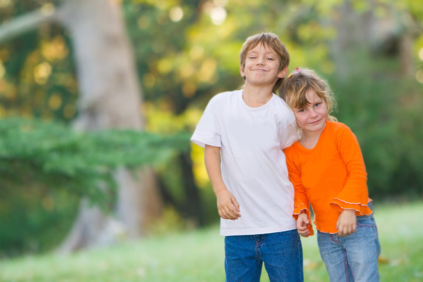 happy boy and girl, brother and sister, outdoor portrait on natu - Photo, Image