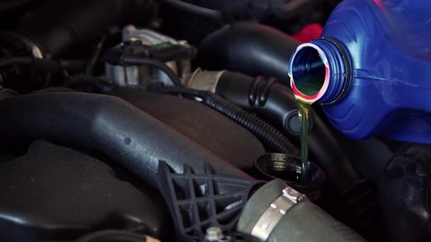 Neues Motoröl in Auto in Reparaturwerkstatt geschüttet. - Filmmaterial, Video