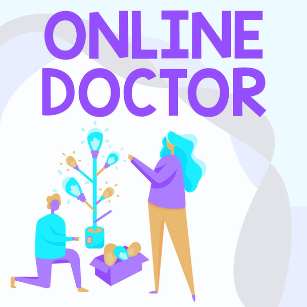 概念表示オンラインドクター。ビジネスの概要医療従事者は、インターネット上でサービスを提供します男と女は、光の球根の木を組み立てる膝を描く. - 写真・画像
