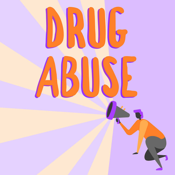 Hand writing sign Drug Abuse. Word for Compulsive drug seeking The habitual taking of illegal drugs Illustration Of A Person Kneeling Using Megaphone Making New Announcement. - Photo, Image