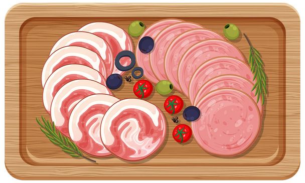 Top view of lunch meat on a wooden tray illustration - Vector, Image