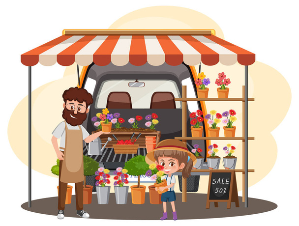 Concept de marché aux puces avec illustration de magasin de jardin - Vecteur, image