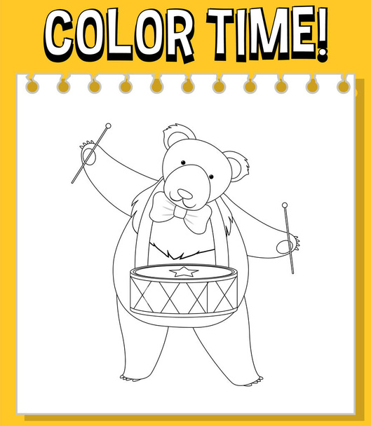 Шаблон рабочих листов с цветовым временем! текстовый медведь с иллюстрацией контура барабана - Вектор,изображение