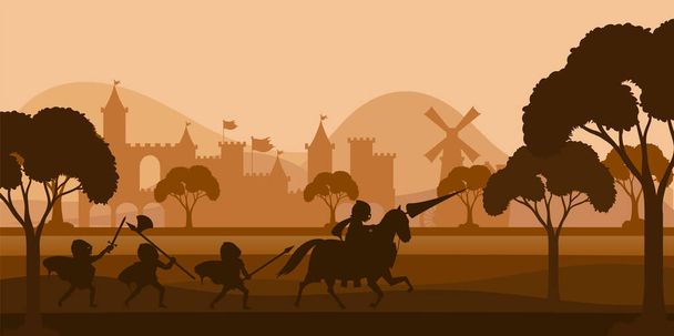 Silhouette de scène de bataille avec illustration médiévale - Vecteur, image
