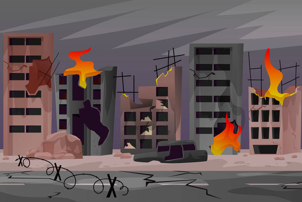 Destroyed city after the war. Consequences of the war. Destroyed houses. Vector illustration in modern style. - Vektor, obrázek