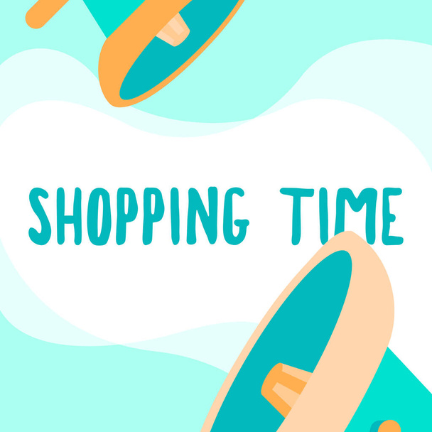 Bildunterschrift: Shopping Time. Konzeptfoto Eine Zeitspanne, in der jemand viele Dinge kauft.. - Foto, Bild