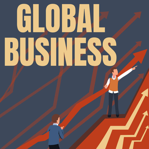 Bildunterschrift: Global Business. Geschäftskonzept Handels- und Geschäftssystem eines Unternehmens auf der ganzen Welt Pfeile, die zwei zusammenarbeitende Geschäftsleute zu einem besseren Finanzplan führen. - Foto, Bild