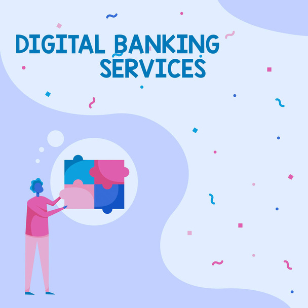 Szöveges megjelenítés Digitális banki szolgáltatások. Üzleti áttekintés Az összes elavult banki tevékenység digitalizálása Man Drawing Standing Fitting Négy kirakós darabja. - Fotó, kép