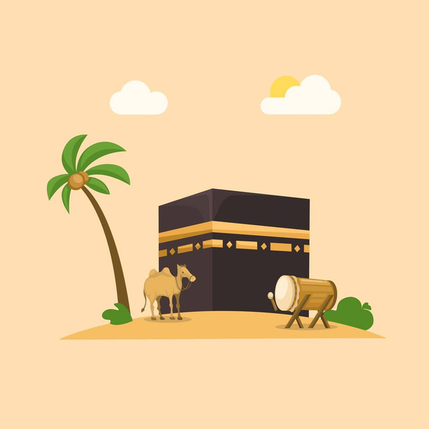 Mekka s onta a buben muslimský ramadán pozdrav na arabské ilustrační vektor - Vektor, obrázek