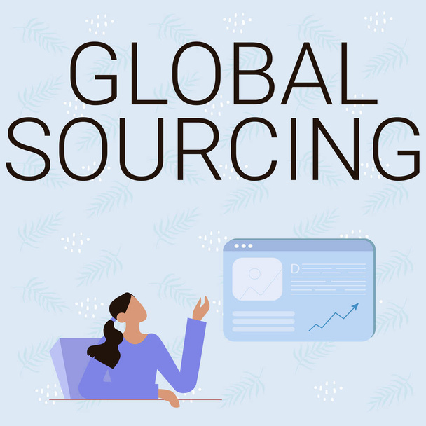 Текст почерка Global Sourcing. Бизнес-презентация практики поиска товаров с мирового рынка Линейка рисунков для леди, сидящей с презентацией новых идей с веб-браузером - Фото, изображение