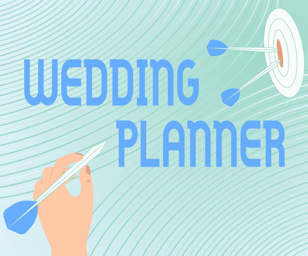 Inspiración mostrando signo Wedding Planner. Palabra escrita en Wedding Planner presentando mensaje golpeando el concepto del blanco, anunciando abstracto objetivo. - Foto, imagen
