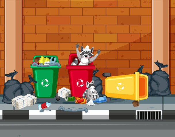 Scène de rue avec des ratons laveurs mangeant des ordures illustration - Vecteur, image