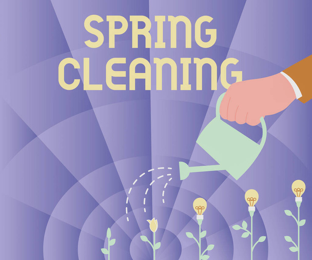 Έμπνευση δείχνει σημάδι Spring Cleaning. Έννοια που σημαίνει πρακτική του σχολαστικού καθαρισμού σπίτι στην άνοιξη χέρι Holding νερό μπορεί να ποτίζει φυτά Καλλιέργεια νεότερες ιδέες του έργου. - Φωτογραφία, εικόνα