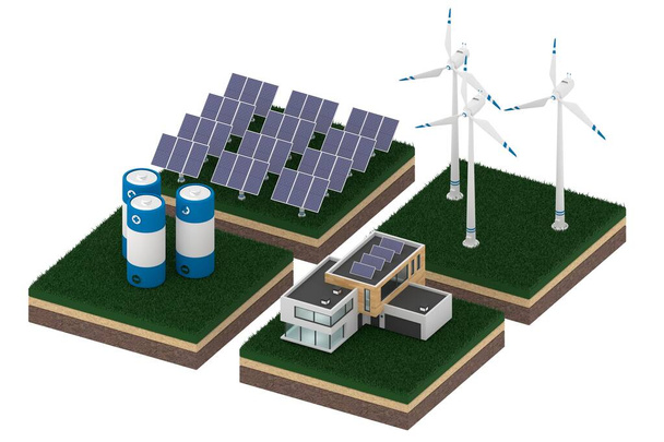 Isometric 3d render of network made of wind turbines, solar panels, battery and house - Φωτογραφία, εικόνα