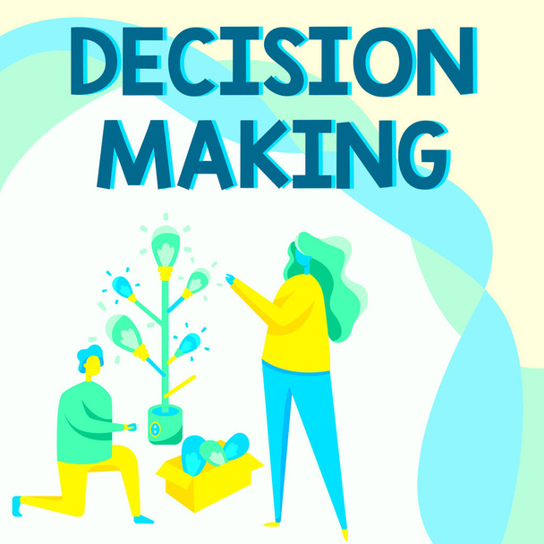 Text caption presenting Decision Making. Business idea The act of deciding between two or more possibilities Man And Woman Drawing Standing Kneeling Assembling Light Bulb Tree. - Photo, Image