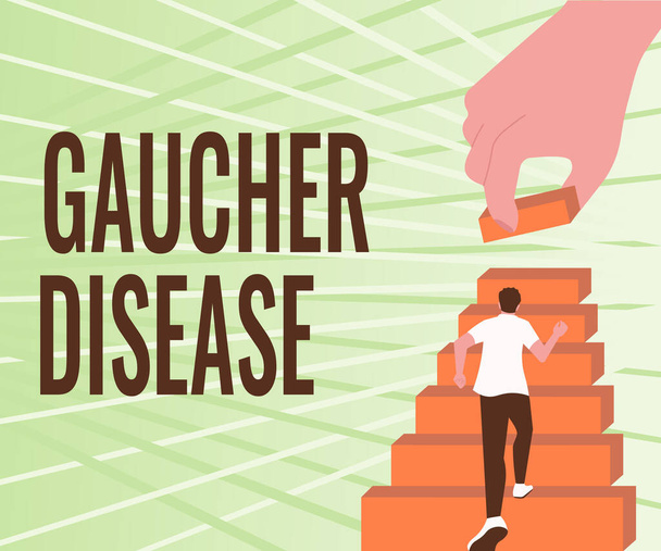 Hand writing sign Gaucher Disease. Word Written on autosomal recessive inherited disorder of metabolism Gentleman Climbing Up Stair Case Trying To Reach Goals Defining Progress. - Photo, Image