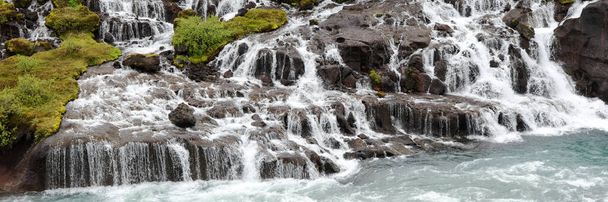 Panorama of Hraunfossar waterfall cascade in Iceland. Europe - Zdjęcie, obraz