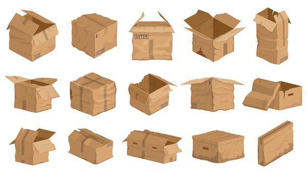 Damaged carton cardboard boxes, crumpled delivery package. Broken, wet, torn carton delivery boxes vector illustration set. Carton damaged cardboard package - Vector, Image