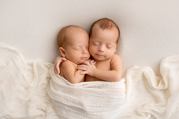 Крихітні новонароджені близнюки хлопчики в білих коконах на білому тлі. Новий близнюк спить поруч зі своїм братом. Новонароджені двоє близнюків хлопчики обіймають один одного. Професійна студійна фотографія
 - Фото, зображення