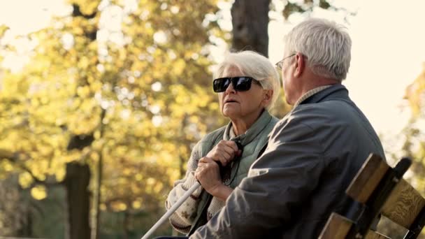 Старший кавказький чоловік проводить час зі своєю незрячою сліпою дружиною в парку, оглядаючи інвалідів, які підтримують концепт-портретний простір.  - Кадри, відео