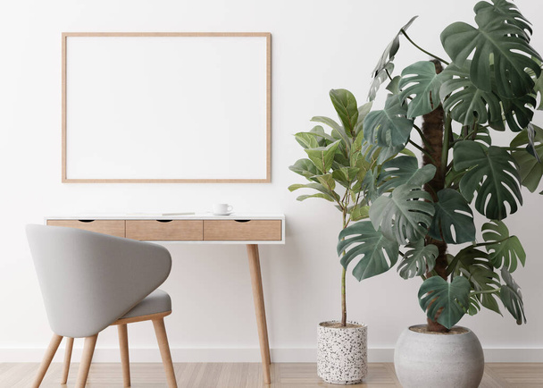 Empty horizontal picture frame on white wall in modern room. Mock up interior in contemporary style. Free space, copy space for your picture, poster. Desk, chair, plants, parquet floor. 3D rendering. - 写真・画像