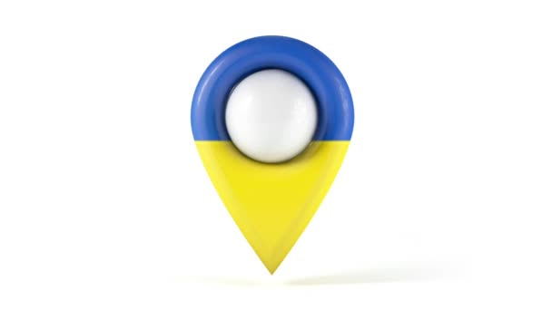 Kartta kohta ukrainan lipun värit, sijainti pin, pyörivät valkoisella taustalla - Materiaali, video