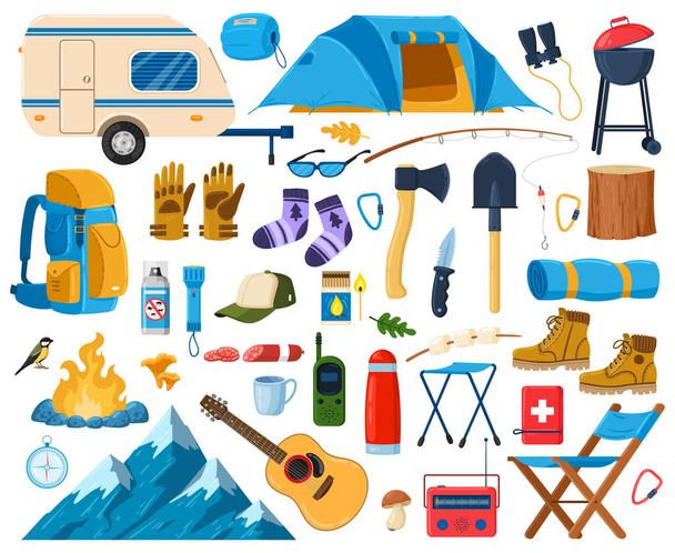 Cartoon tourist camping and hiking elements, map, tent, campfire. Hiking equipment, camping vector symbols set. Mountain trip, hiking equipment - Вектор, зображення