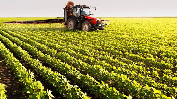 Pulvérisation de pesticides par tracteur sur un champ de soja avec pulvérisateur au printemps
 - Photo, image