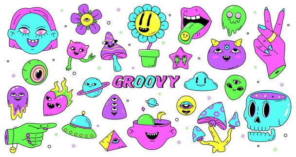 Groovy digital coloring pages set. Hippie coloring book in vintage 70s  style. Geometric retro design templates with Psychedelic flowers,  mushrooms, rainbow and hand drawn elements. Vector illustration Stock  Vector