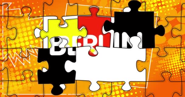 Pezzi di puzzle, elementi di collegamento in ordine con il testo Berlino. Simbolo di lavoro di squadra, cooperazione, partenariato. - Filmati, video