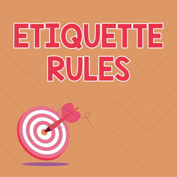 Rukopis Etiquette Rules. Slovo pro celní orgány, které kontrolují akceptované chování v sociální prezentaci Poselství zasahující koncept cíle, Abstraktní ohlašovací cíl, - Fotografie, Obrázek