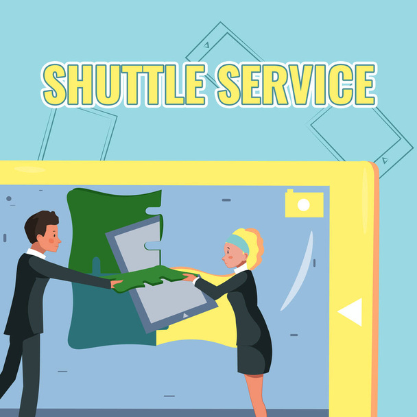 Bildunterschrift: Shuttle Service. Wörter, die auf Fahrzeugen wie Bussen geschrieben werden, verkehren häufig zwischen zwei Orten.. - Foto, Bild