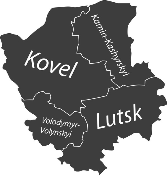 Dark gray flat vector map of raion areas of the Ukrainian administrative area of VOLYN OBLAST, UKRAINE with white border lines and name tags of its raions - Vector, Image