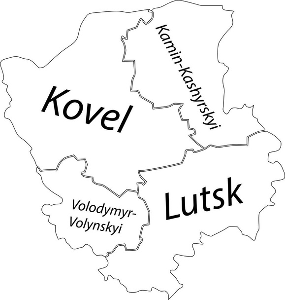 White flat vector map of raion areas of the Ukrainian administrative area of VOLYN OBLAST, UKRAINE with black border lines and name tags of its raions - Vector, Image