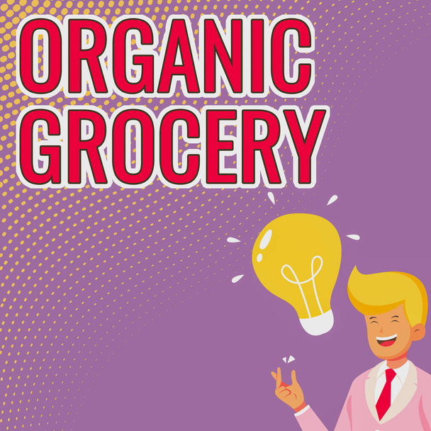 Text showing inspiration Organic Grocery. Word for market with foods grown without the use of fertilizers Gentleman Drawing Standing Having New Idea Presented With Light Bulb. - Photo, Image