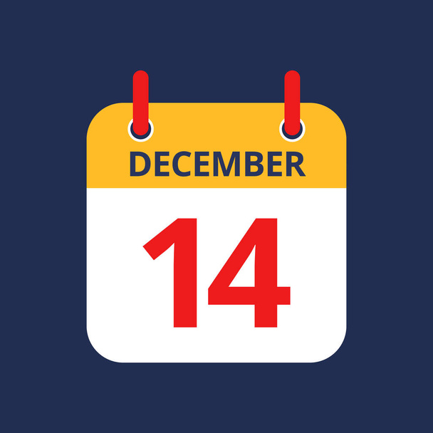 Flat icon calendar 14th of December isolated on blue background. Vector illustration. - Vector, Image