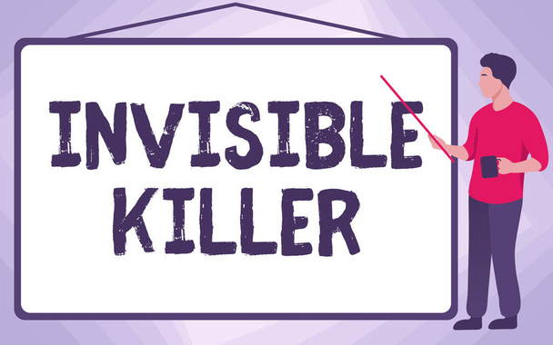 Conceptual display Invisible Killer. Word for presence into the air of a substance which are harmful School Instructor Drawing Pointing Stick Whiteboard While Holding Cup. - Photo, Image