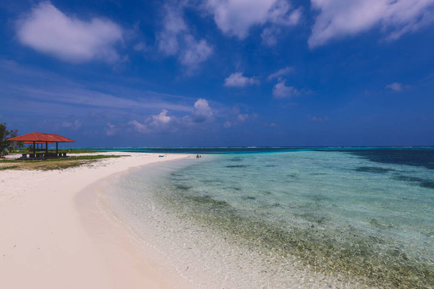 Empty White Sandy Beach with the Palm Trees and Blue Ocean Water on the Paradise Maafushi Island, Maldives - Valokuva, kuva