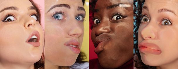 Set of close-up faces of young girls crushed on glass isolated on colored background. Concept of human emotions, diversity. Models leaning against glass - Fotoğraf, Görsel