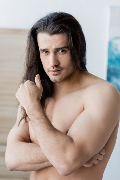 portrait of shirtless man with long hair looking at camera  - 写真・画像
